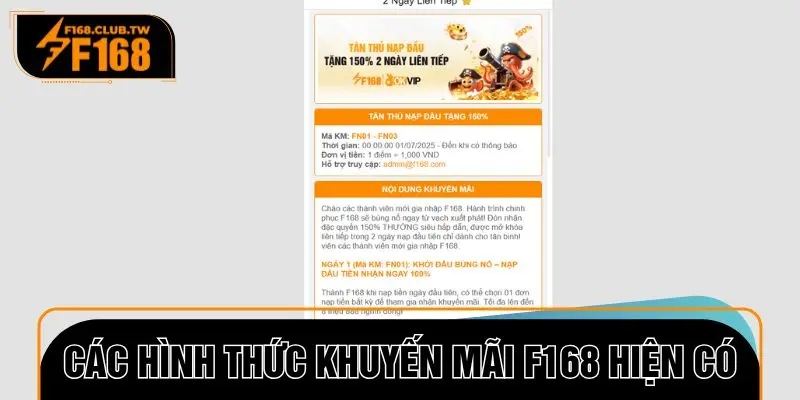 Các hình thức khuyến mãi F168 hiện có