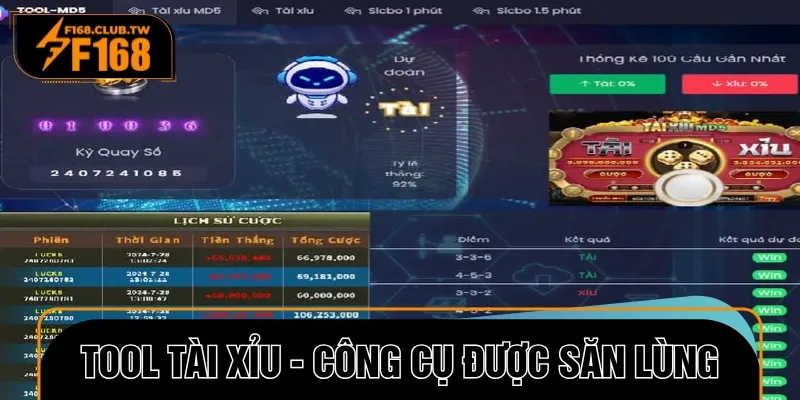 Giao diện tool tài xỉu phổ biến với bảng dữ liệu lịch sử và gợi ý đặt cược